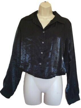 TOGETHER Black Shiny Button Up Collared Women's Blouse Top Size Medium